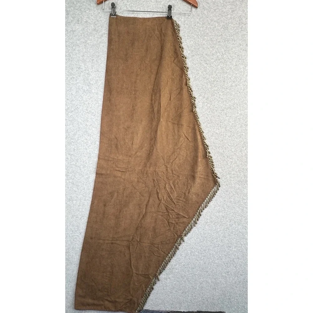Vintage Faux Suede Beaded Curtain Valance Panels Set of 2 Brown Wood Bead Fringe